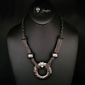 Gunmetal Hammered Circle Pendant Multi Chain Necklace